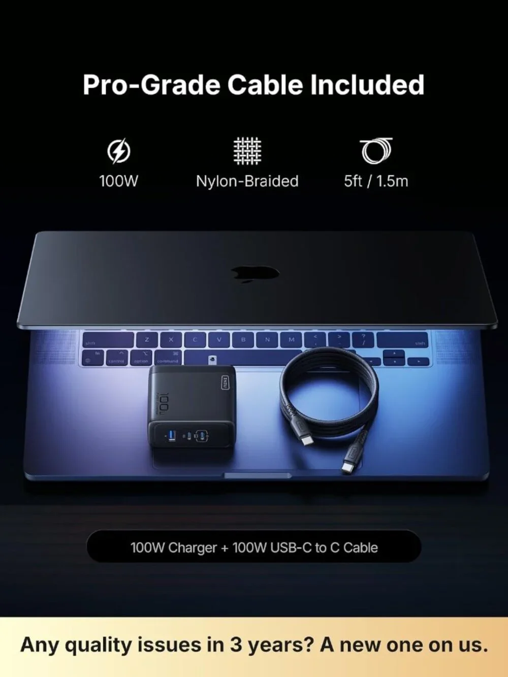 100W GaN Fast Charging Block, 3-Port USB-C Charger & 5ft Cable, Travel Ready!